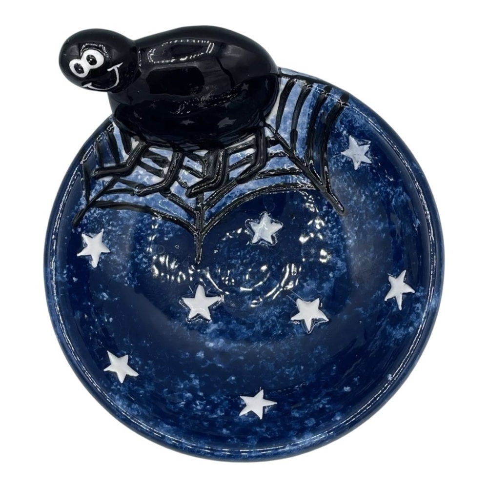 Super Cute & Whimsical Halloween Ceramic 7" Candy Dish Bowl Spider w/Web & Stars - Picture 4 of 6
